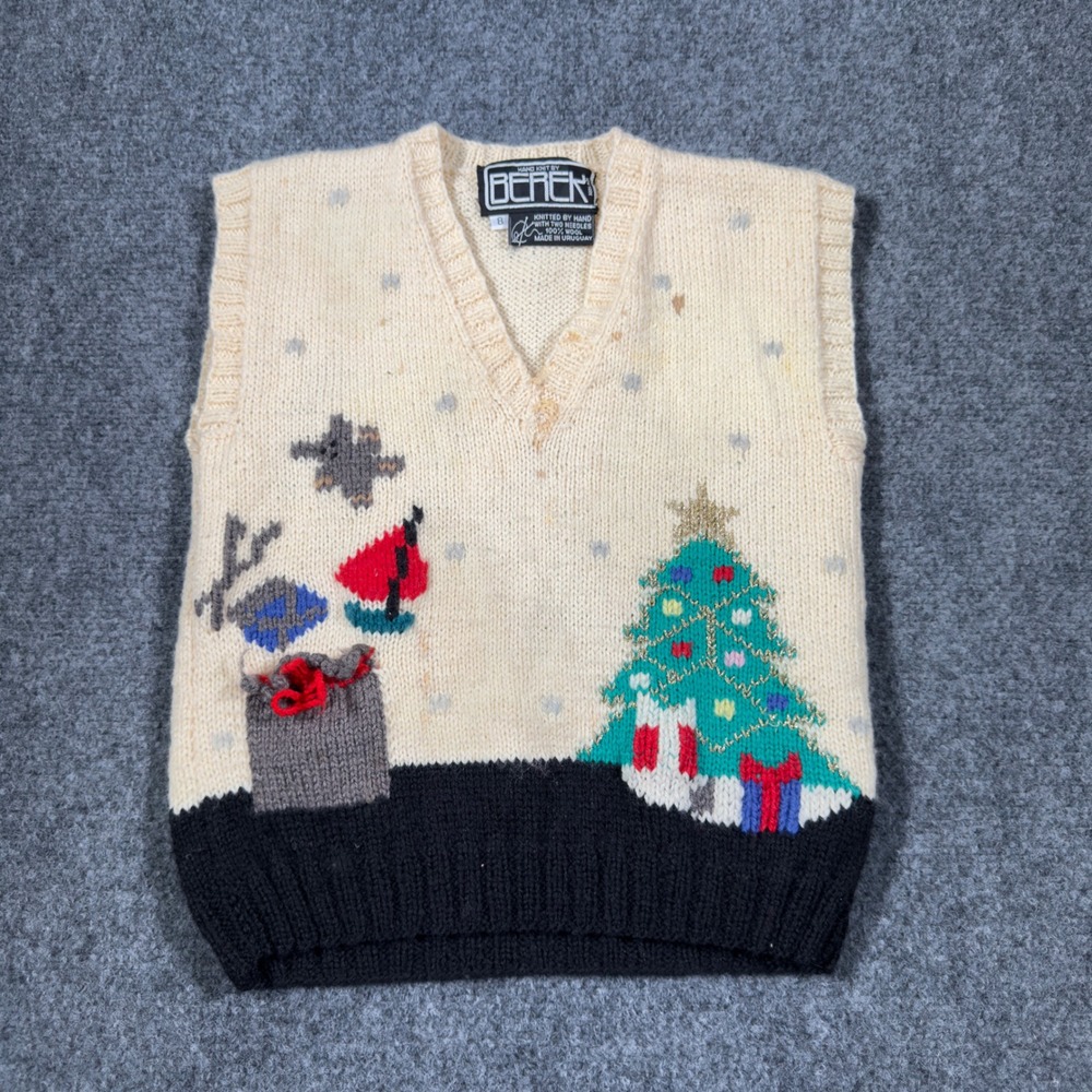 Berek Vintage Hand Knit Christmas Sweater Vest Kids 8 Cream Wool Holiday